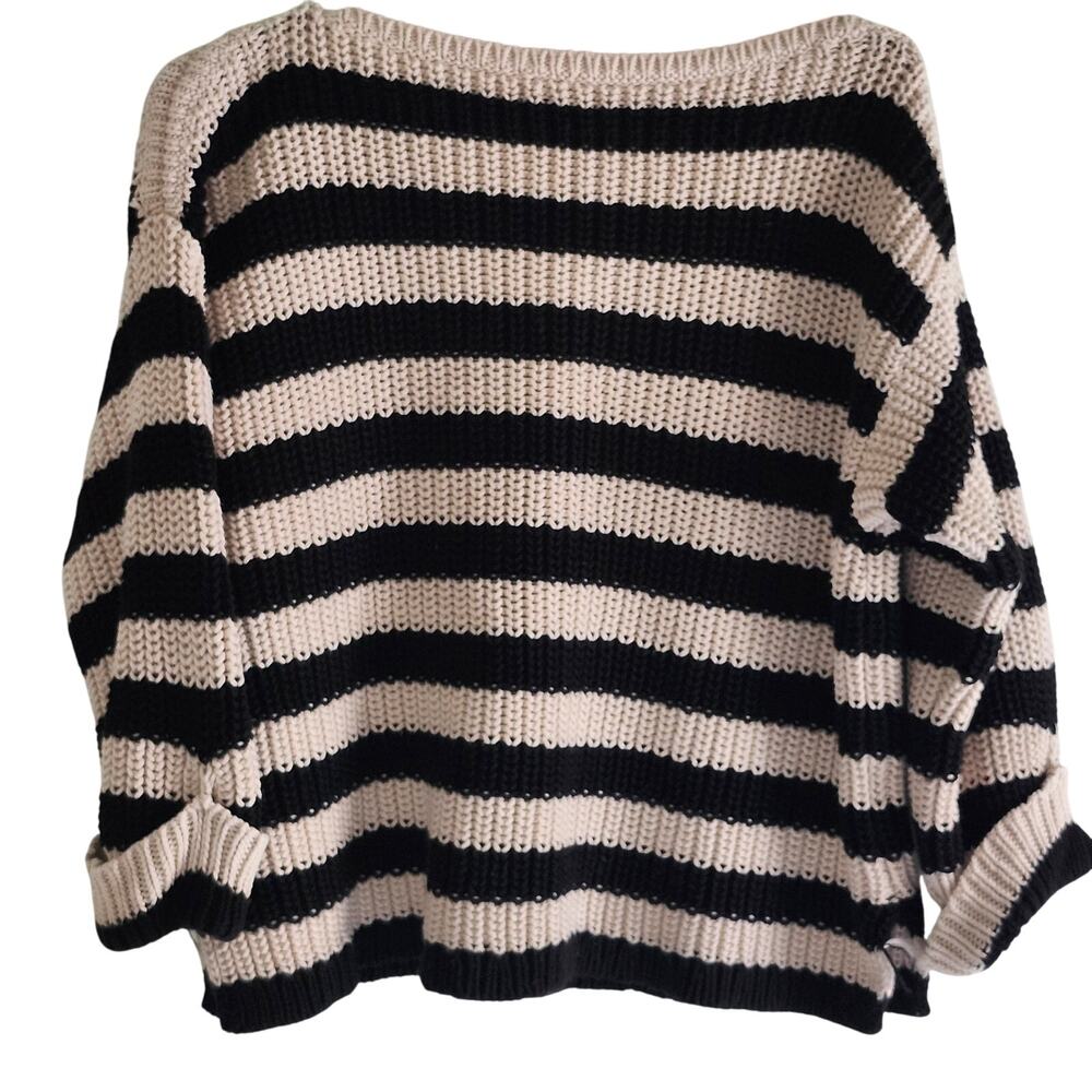 Ann Taylor Cotton Black and Cream Striped Boatneck Sweater Size X-Small - Picture 2 of 8